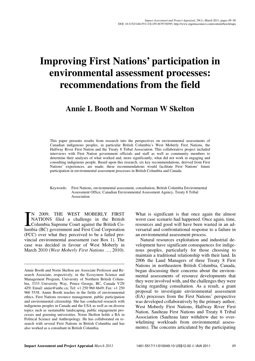 PDF) Improving First Nations' participation in environmental assessment  processes: Recommendations from the field