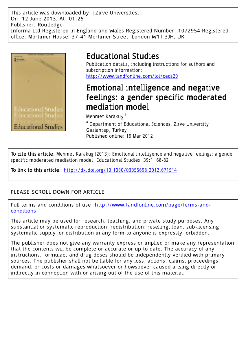 Pdf Emotional Intelligence And Negative Feelings A Gender Specific Moderated Mediation Model
