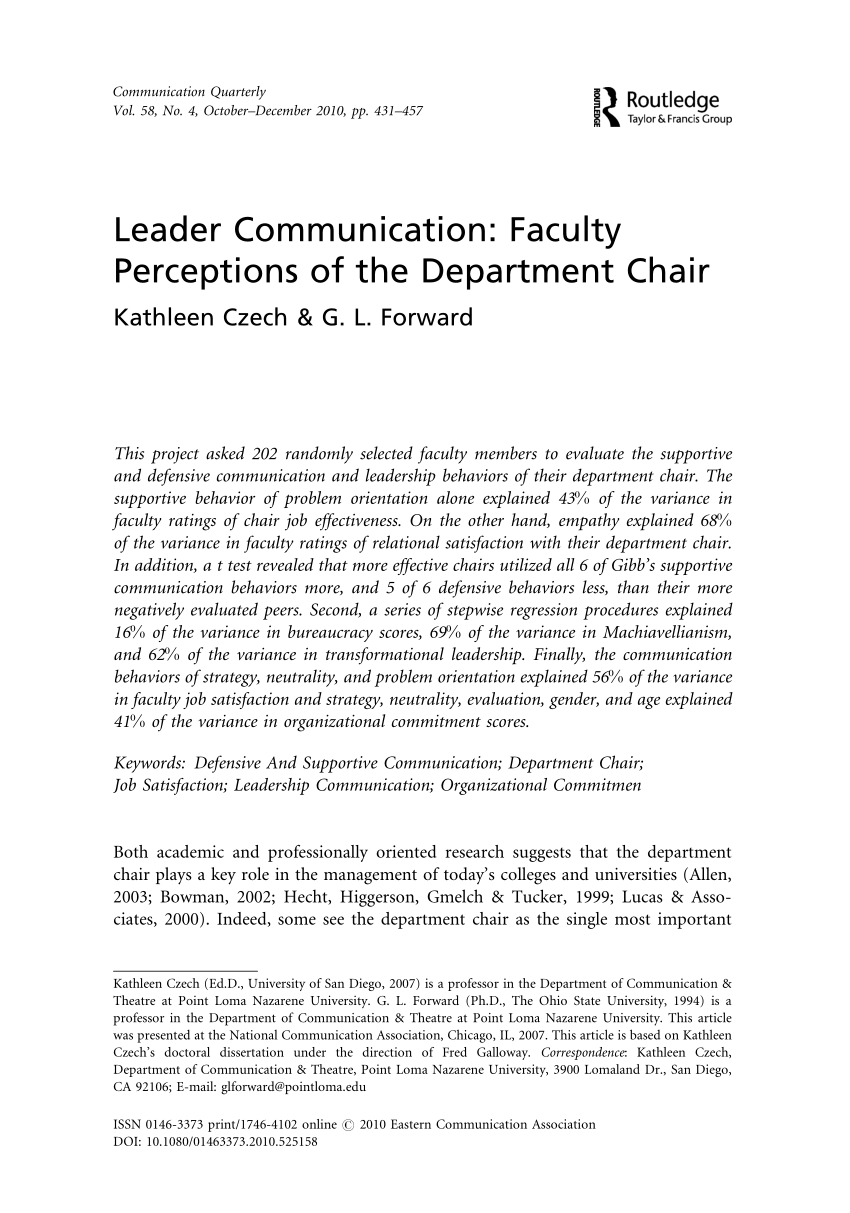 Pdf Leader Communication Faculty Perceptions Of The Department Chair