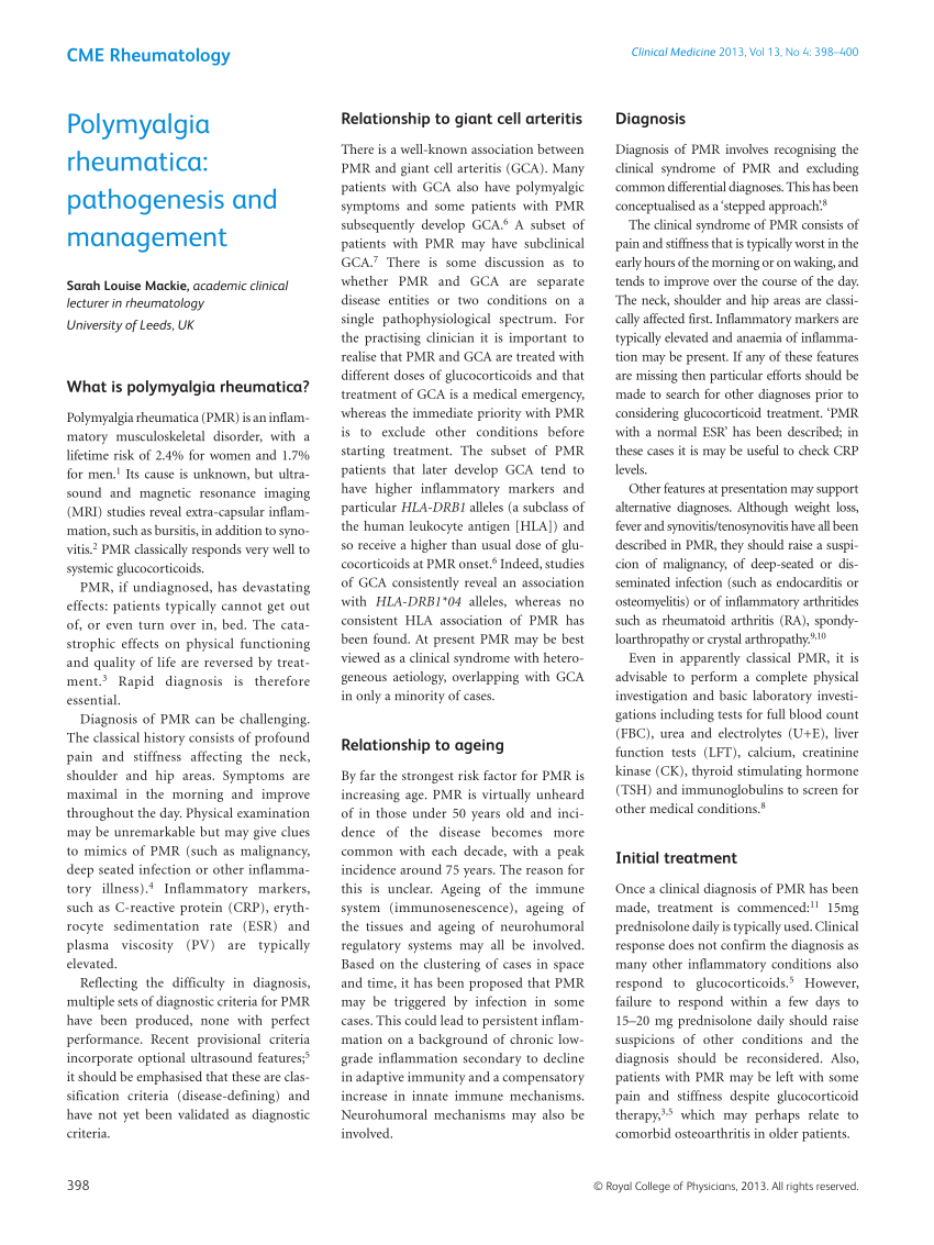 Pdf Polymyalgia Rheumatica Pathogenesis And Management