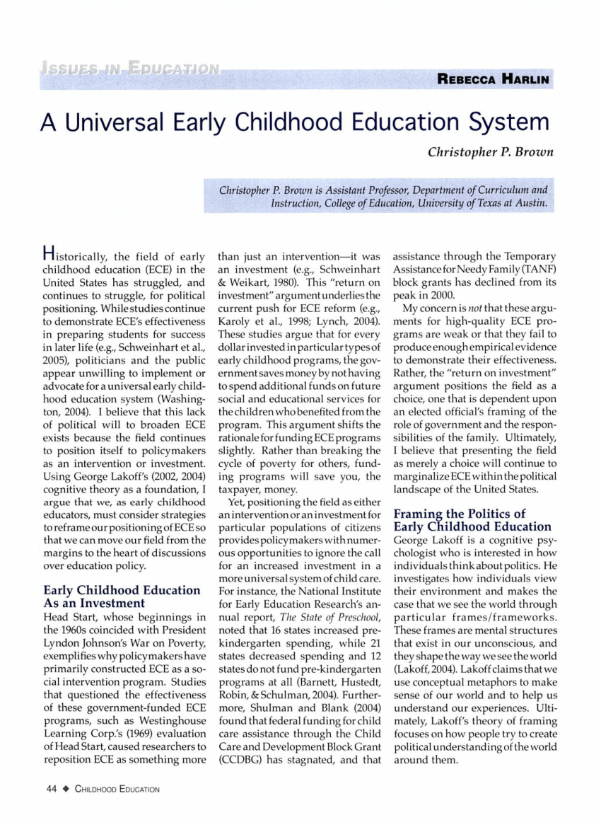 Pdf Issues In Education A Universal Early Childhood Education System