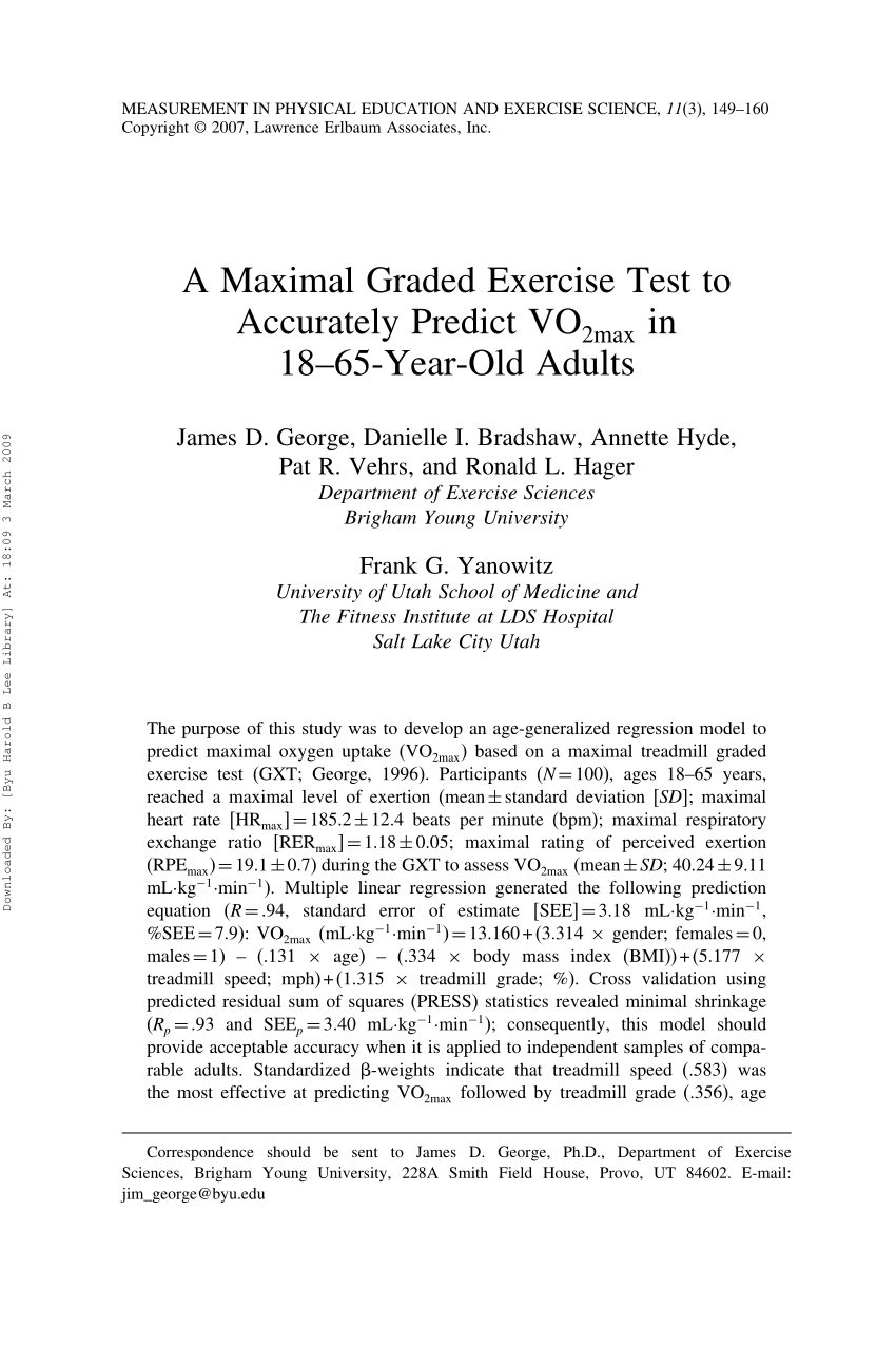 Pdf A Maximal Graded Exercise Test To Accurately Predict Vo2max