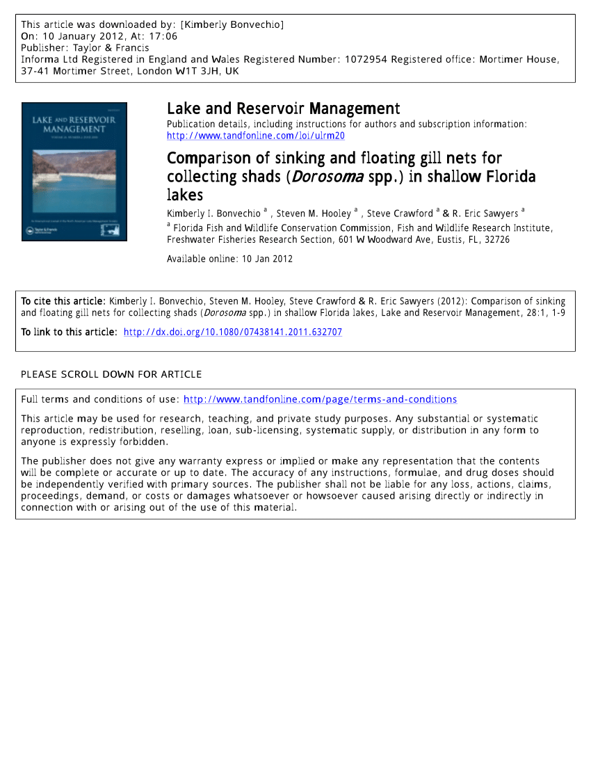 PDF) Comparison of sinking and floating gill nets for collecting shads  (Dorosoma spp.) in shallow Florida lakes
