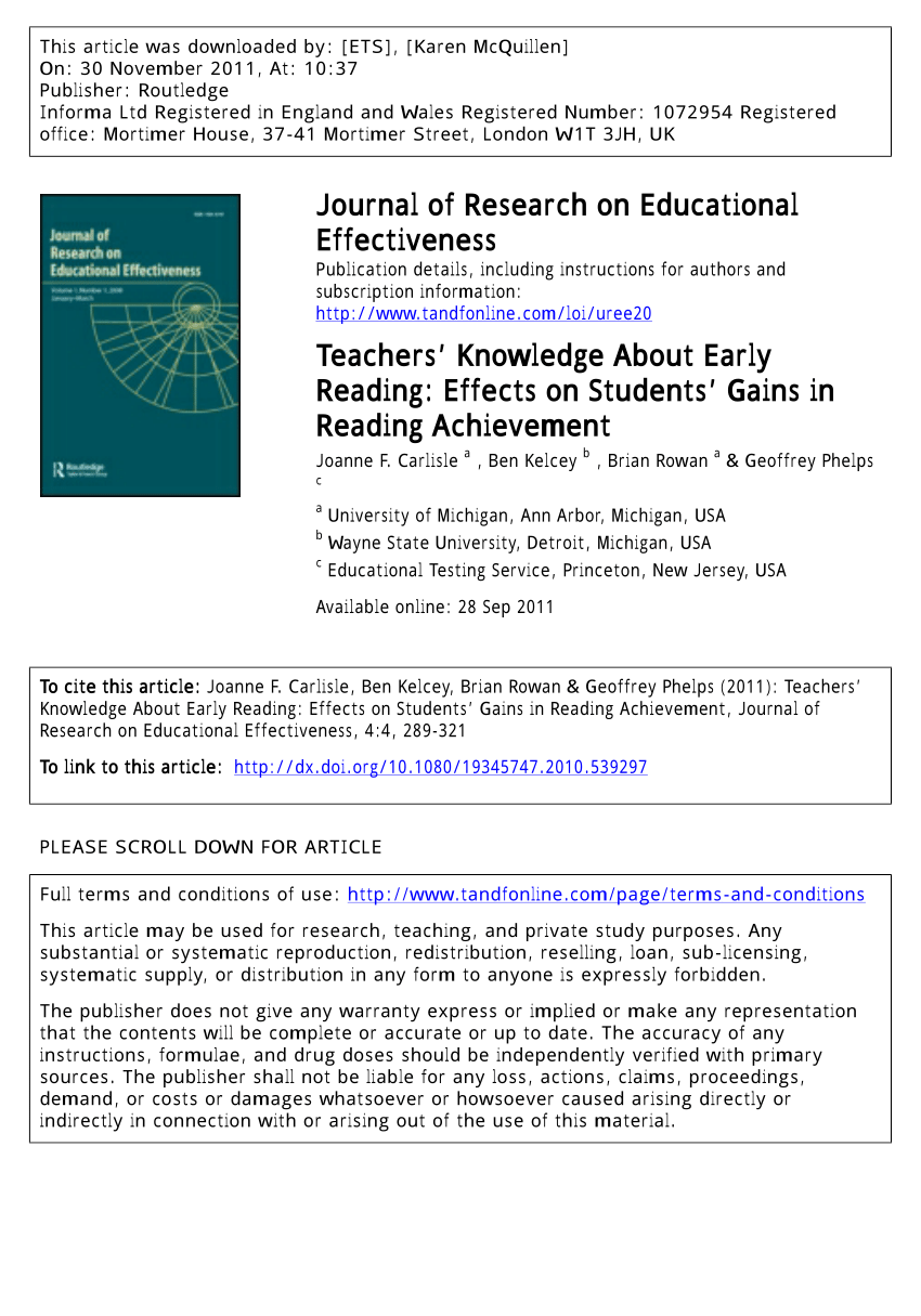 Pdf) Teachers' Knowledge About Early Reading: Effects On Students' Gains In  Reading Achievement