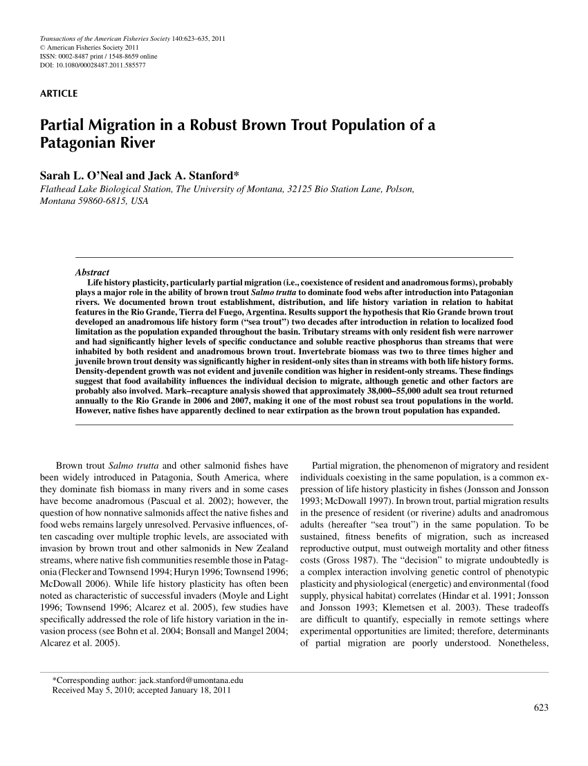 Pdf Partial Migration In A Robust Brown Trout Population Of A Patagonian River