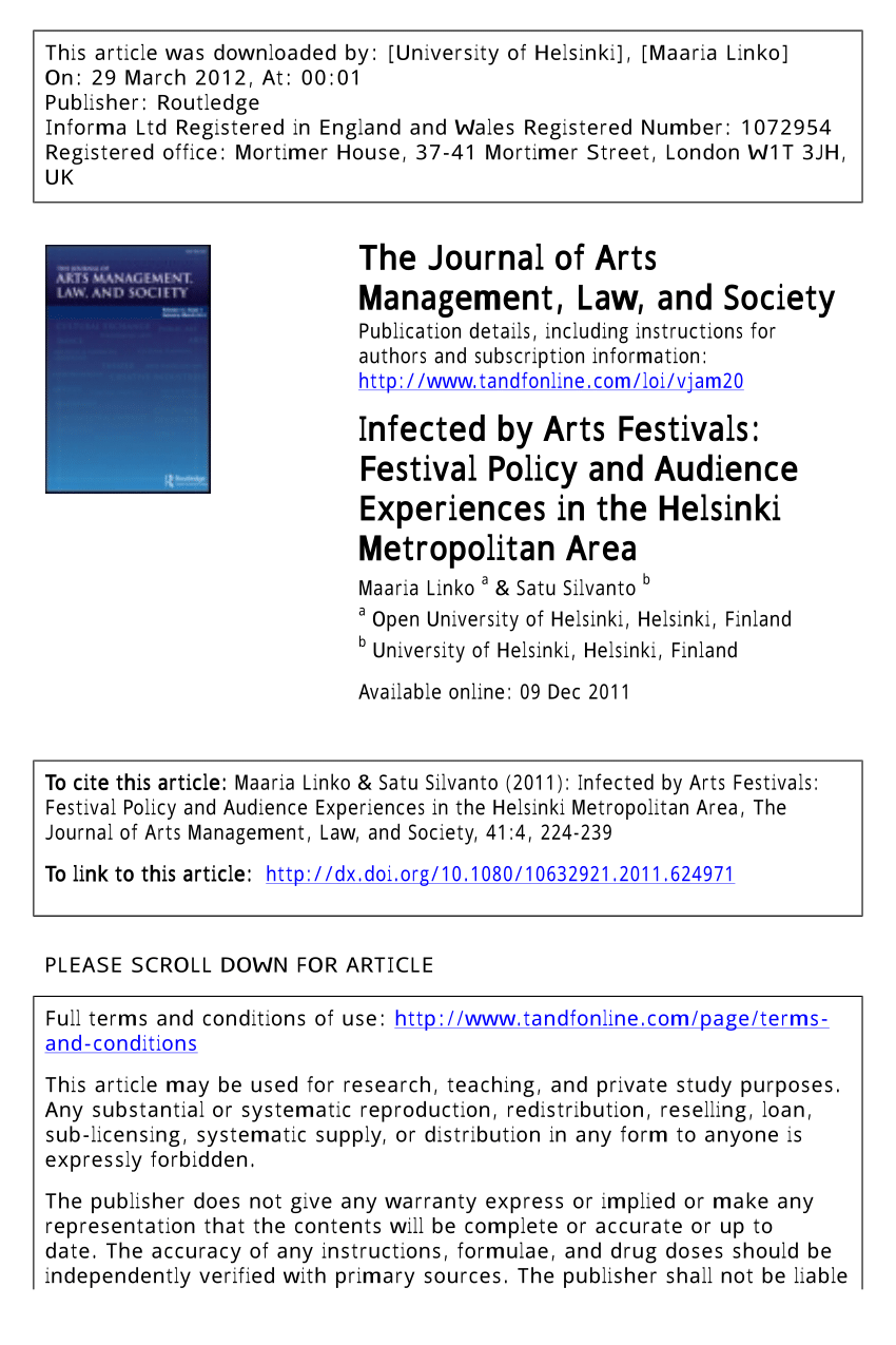PDF) Infected by Arts Festivals: Festival Policy and Audience Experiences  in the Helsinki Metropolitan Area