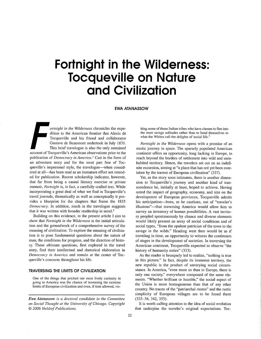 PDF) Fortnight in Wilderness: Tocqueville on Nature and Civilization