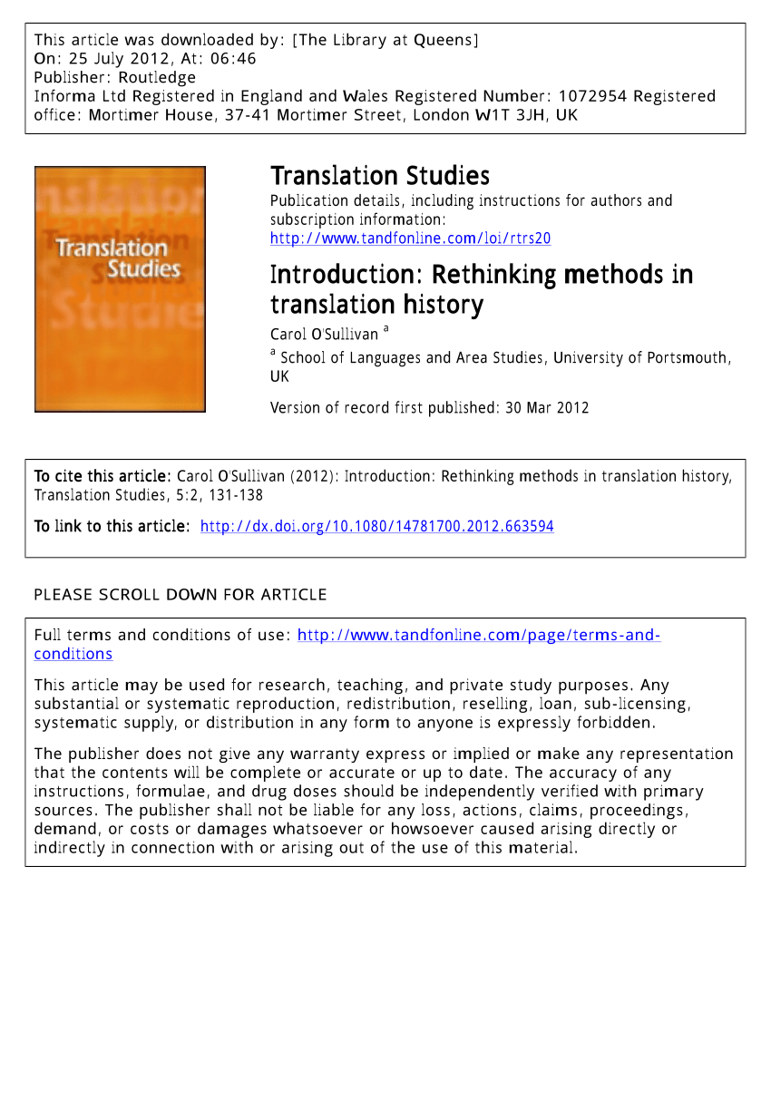 Pdf Introduction Rethinking Methods In Translation History