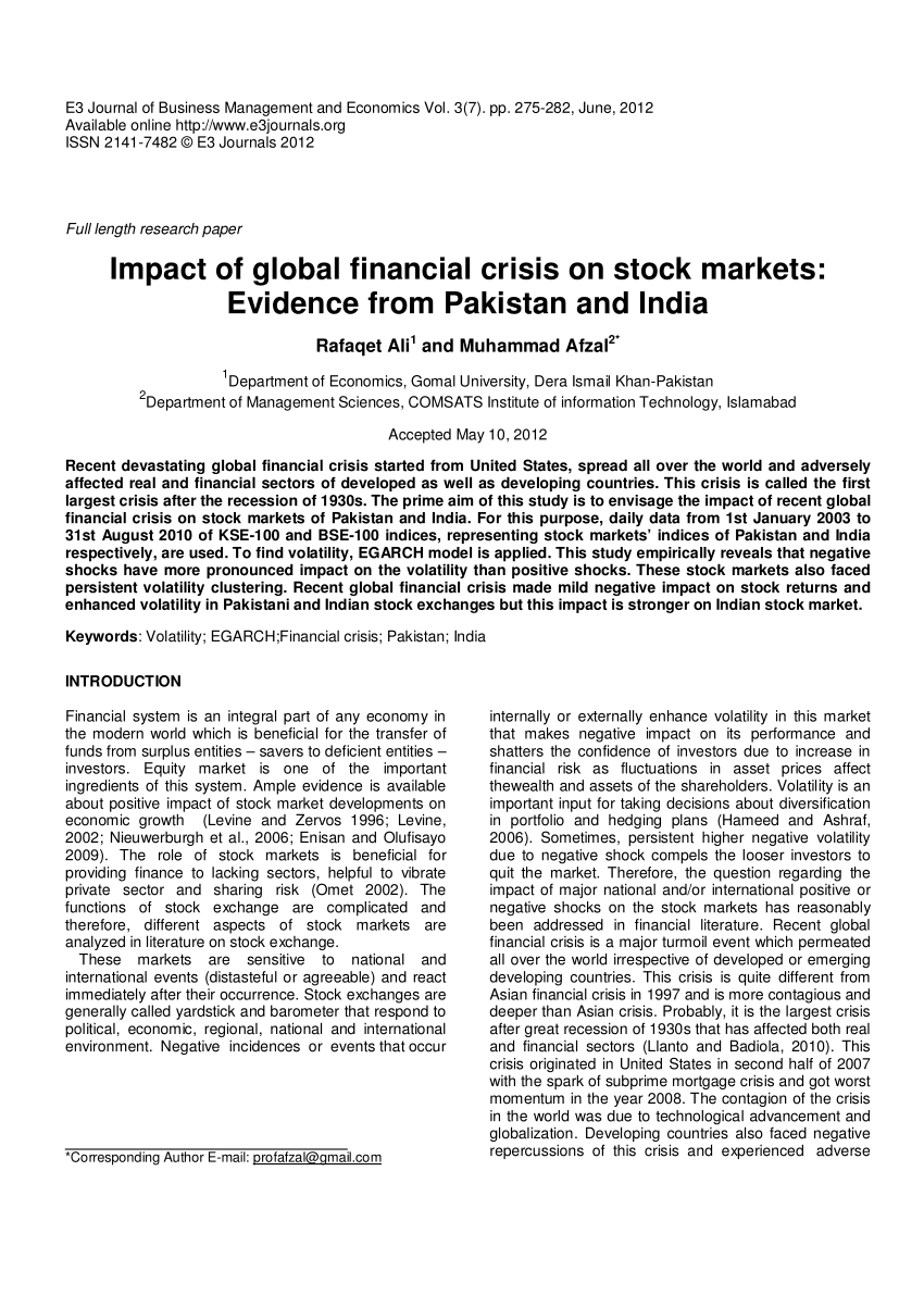 Pdf Impact Of Global Financial Crisis On Stock Markets Evidence From Pakistan And India