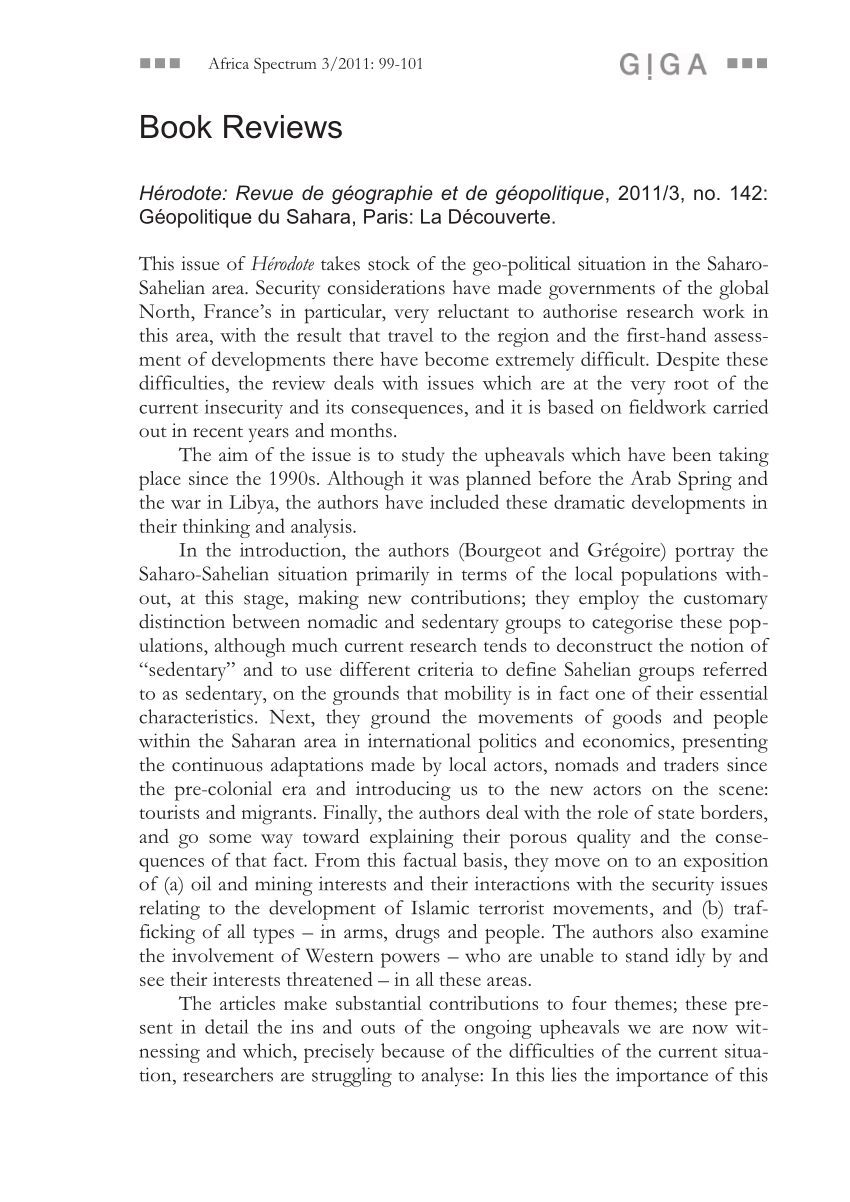 Pdf Review Herodote Revue De Geographie Et De Geopolitique 11 3 No 142 Geopolitique Du Sahara Paris La Decouverte