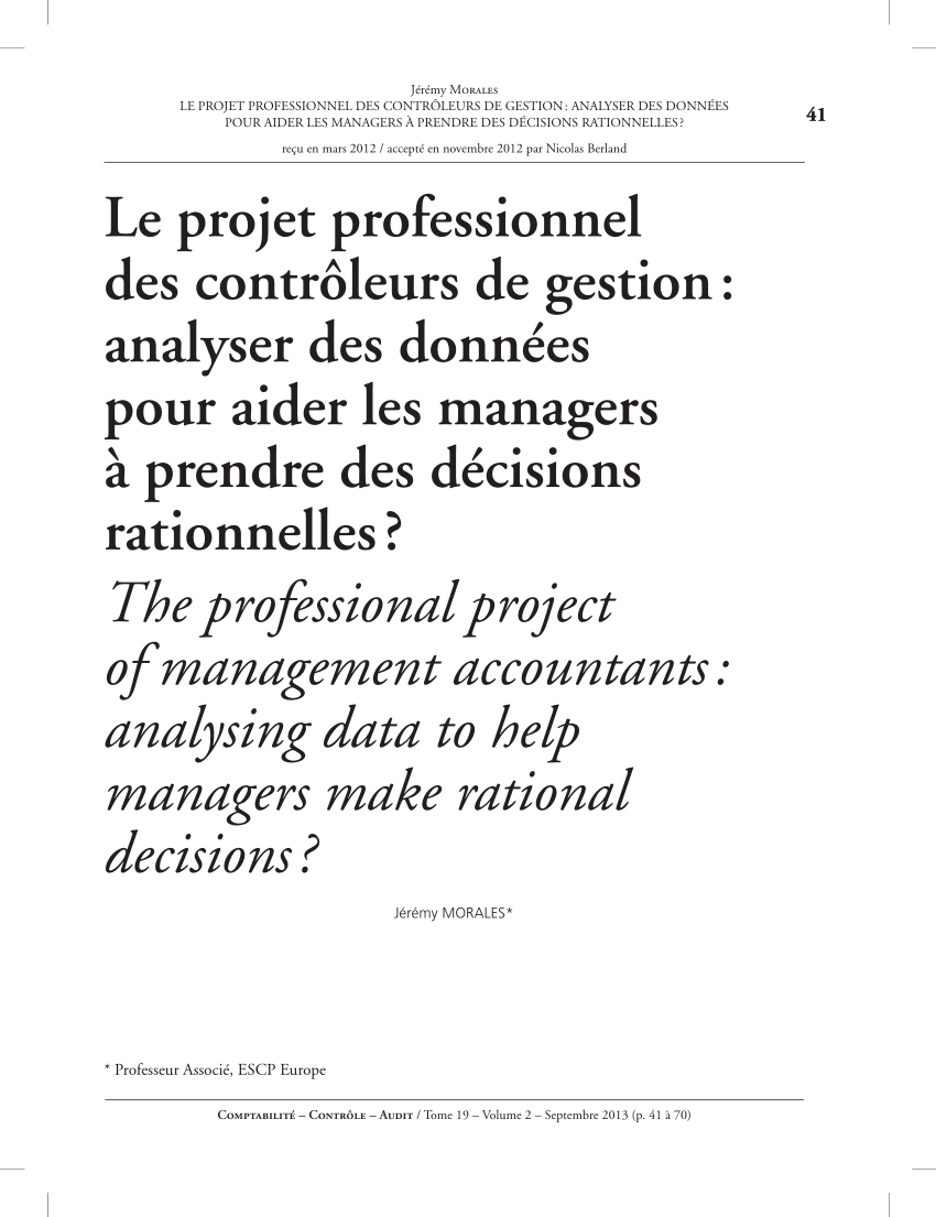 Pdf Le Projet Professionnel Des Controleurs De Gestion Analyser Des Donnees Pour Aider Les Managers A Prendre Des Decisions Rationnelles