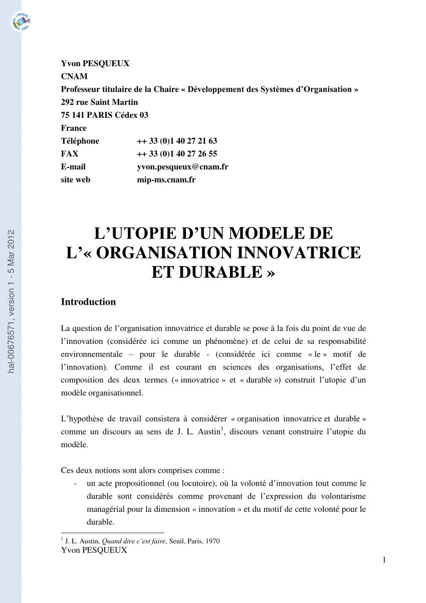 Pdf L Utopie D Un Modele De L Organisation Innovatrice Et Durable