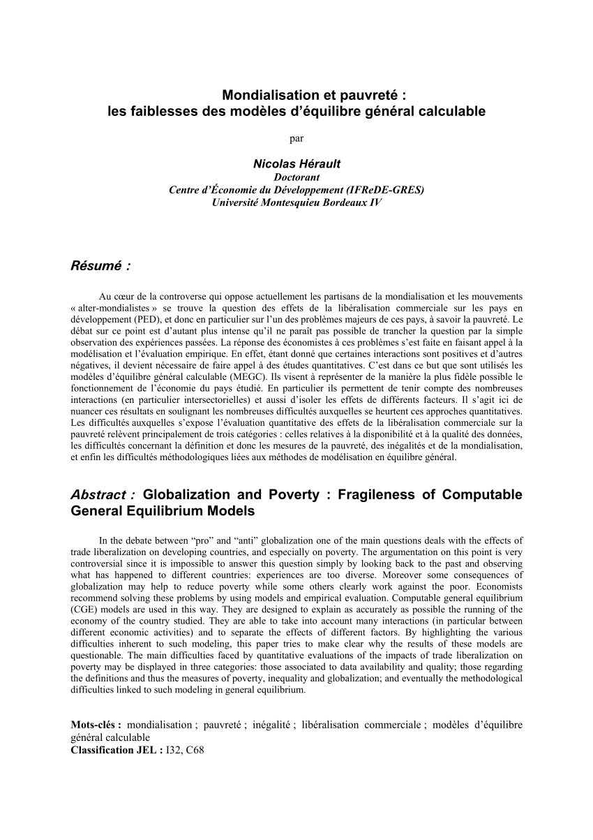 Pdf Mondialisation Et Pauvrete Les Faiblesses Des Modeles D Equilibre General Calculable