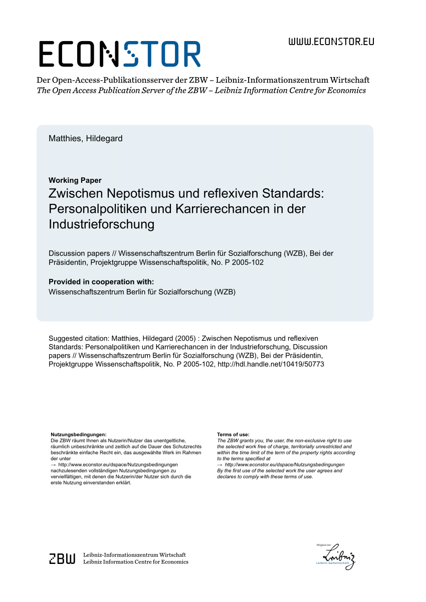 PDF Zwischen Nepotismus und reflexiven Standards Personalpolitiken und Karrierechancen in der Industrieforschung