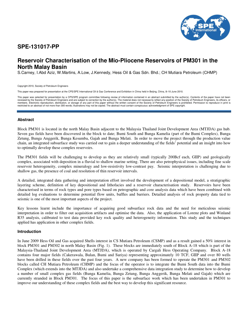 Pdf Reservoir Characterisation Of The Mio Pliocene Reservoirs Of Pm301 In The North Malay Basin