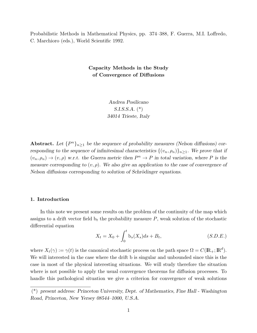 Pdf Capacity Methods In The Study Of Convergence Of Diffusions