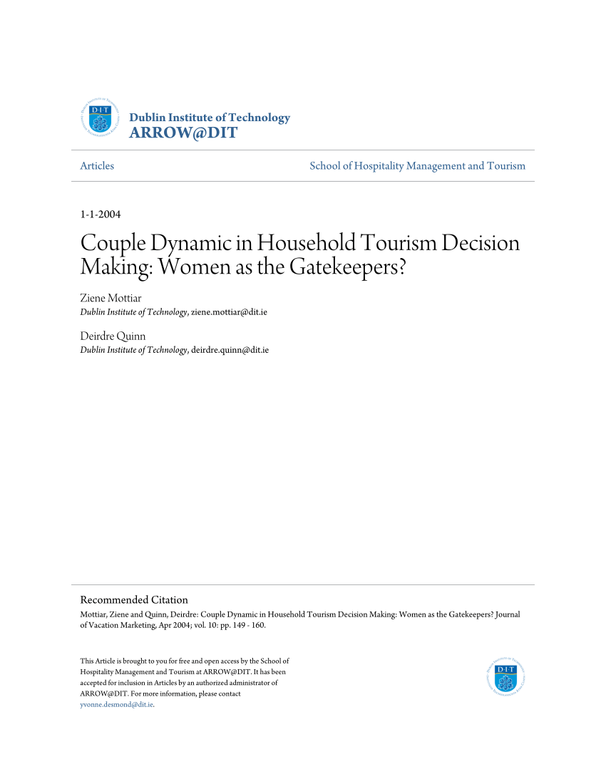 Pdf Couple Dynamic In Household Tourism Decision Making Women As The Gatekeepers