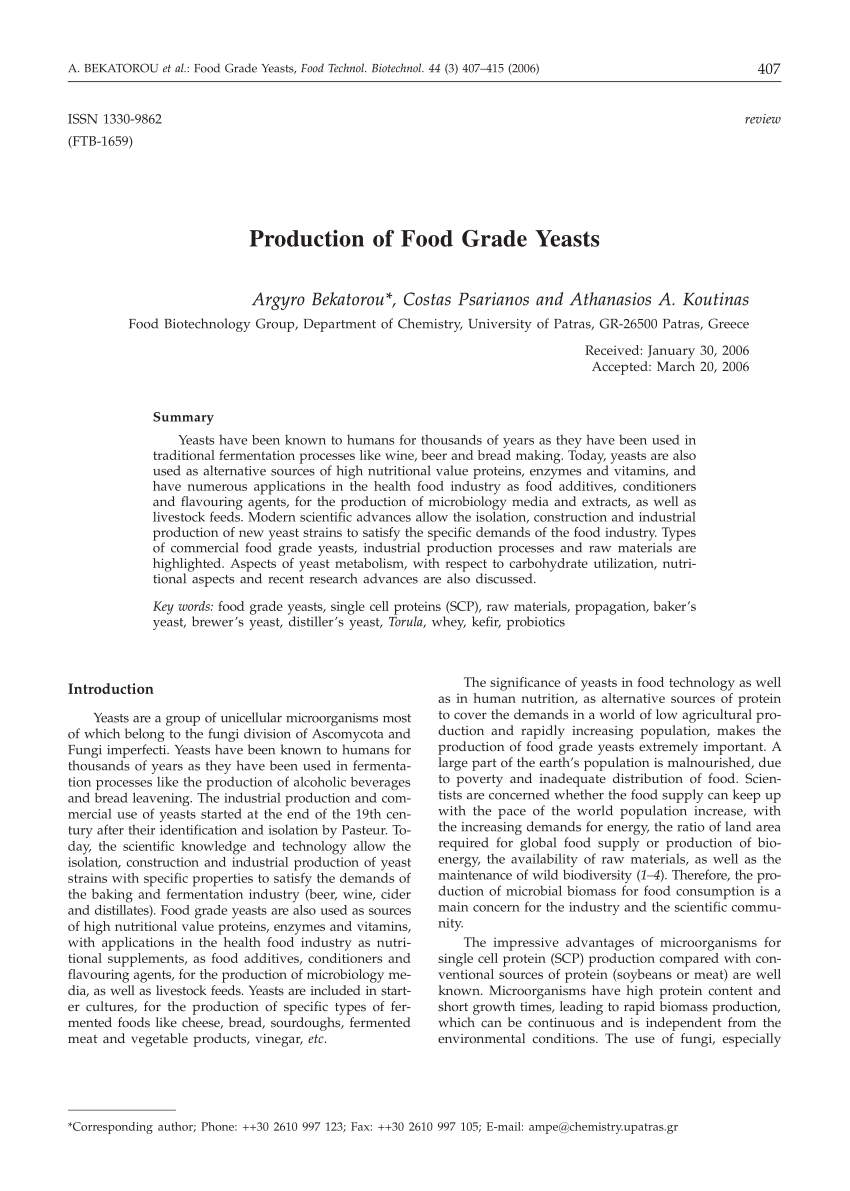 Pdf Production Of Food Grade Yeasts