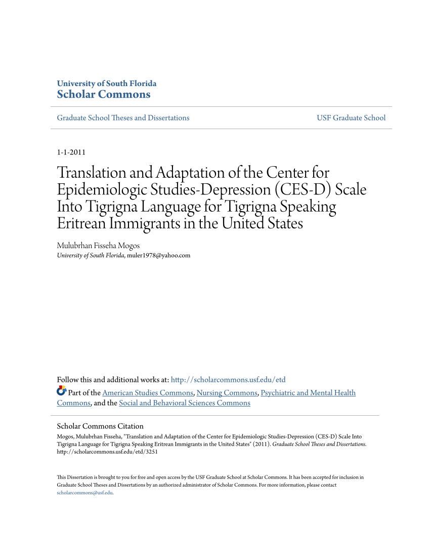 Pdf Translation And Adaptation Of The Center For Epidemiologic Studies Depression Ces D Scale Into Tigrigna Language For Tigrigna Speaking Eritrean Immigrants In The United States
