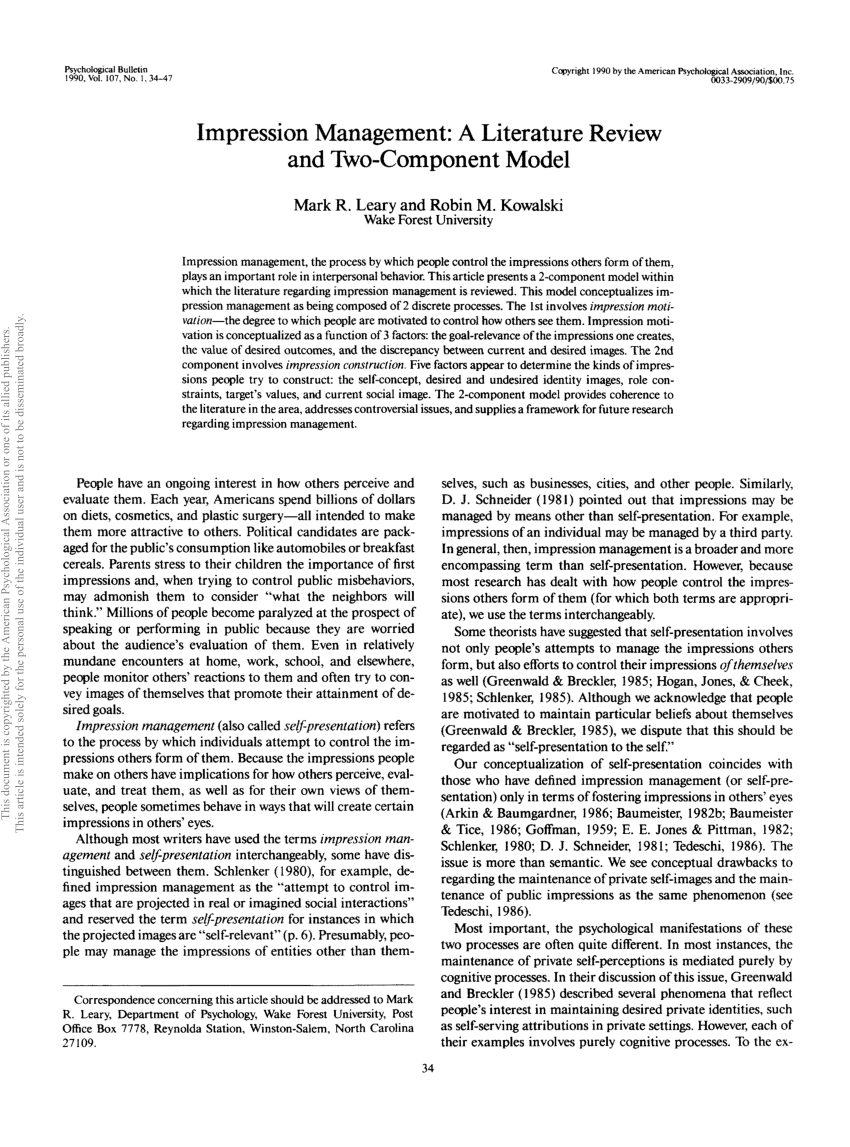 impression management a literature review and two component model