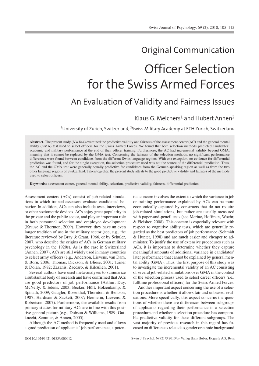 Pdf Officer Selection For The Swiss Armed Forces An Evaluation Of Validity And Fairness Issues