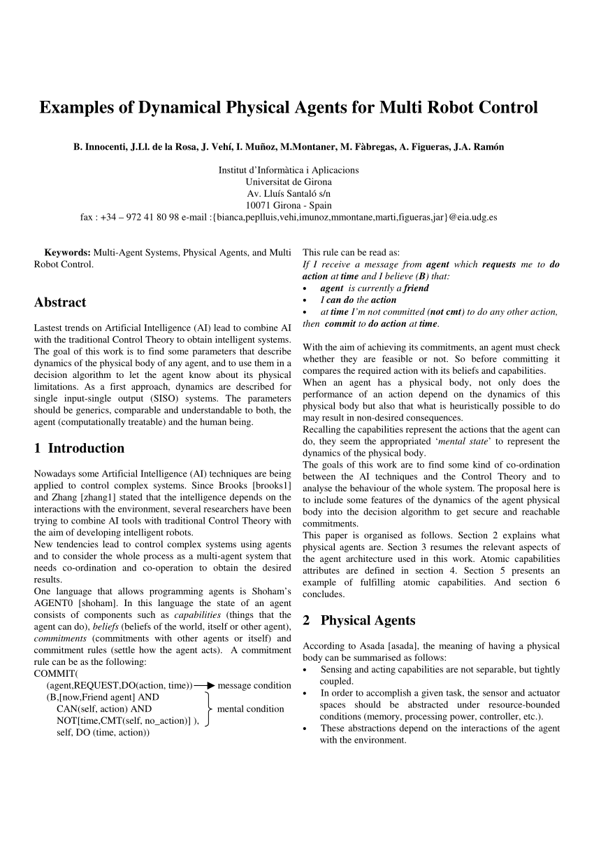 Pdf Examples Of Dynamical Physical Agents For Multi Robot Control