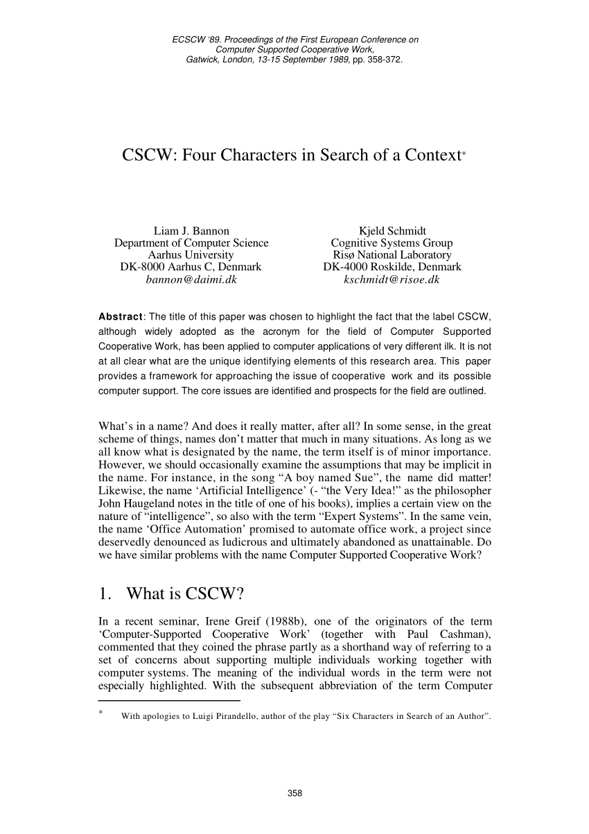 PDF) CSCW: Four characters in search of a context