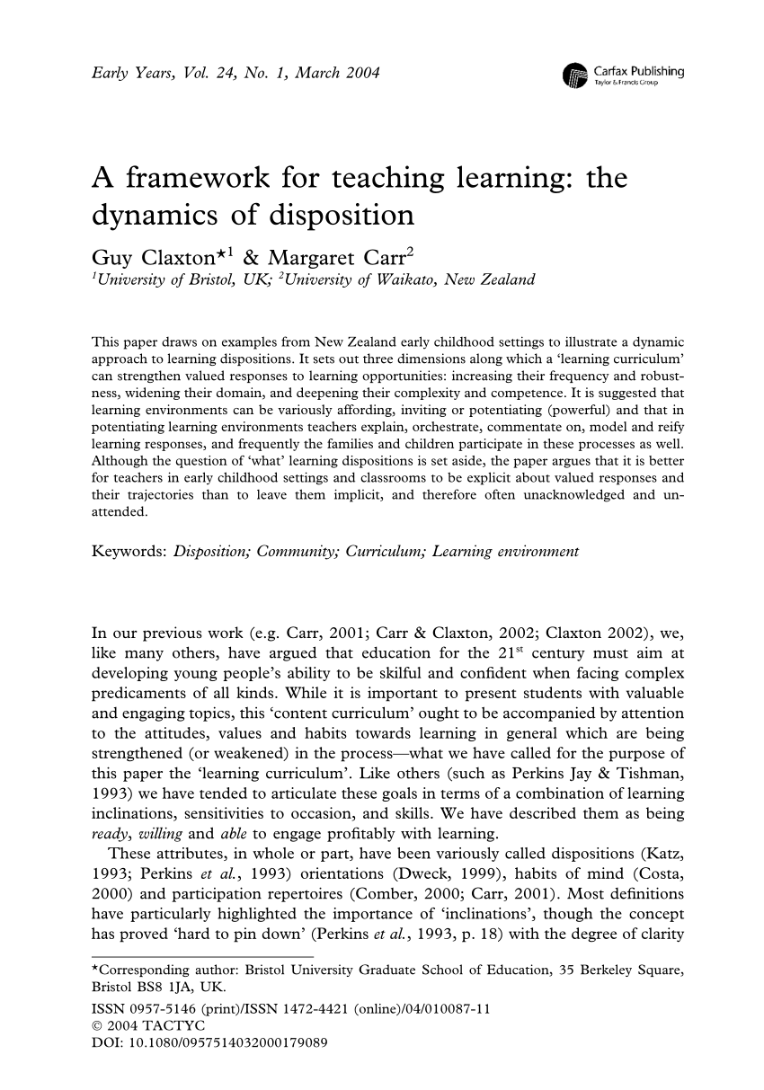 PDF) A framework for teaching learning: The dynamics of disposition