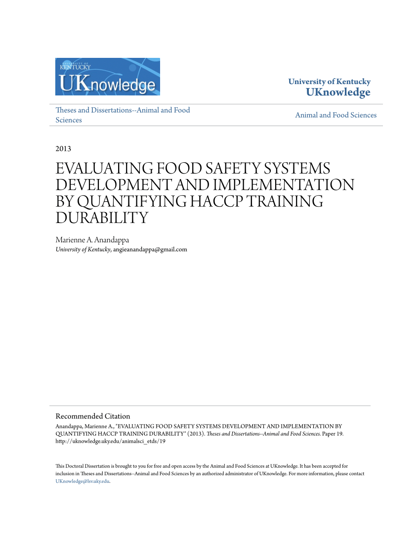Kwalificatie Catena residentie PDF) Evaluating Food Safety Systems Development and Implementation by  Quantifying HACCP Training Durability