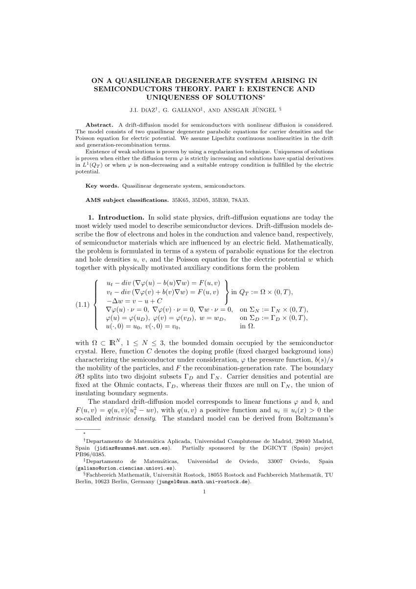 Pdf On A Quasilinear Degenerated System Arising In Semiconductor Theory Part I Existence And Uniqueness Of Solutions