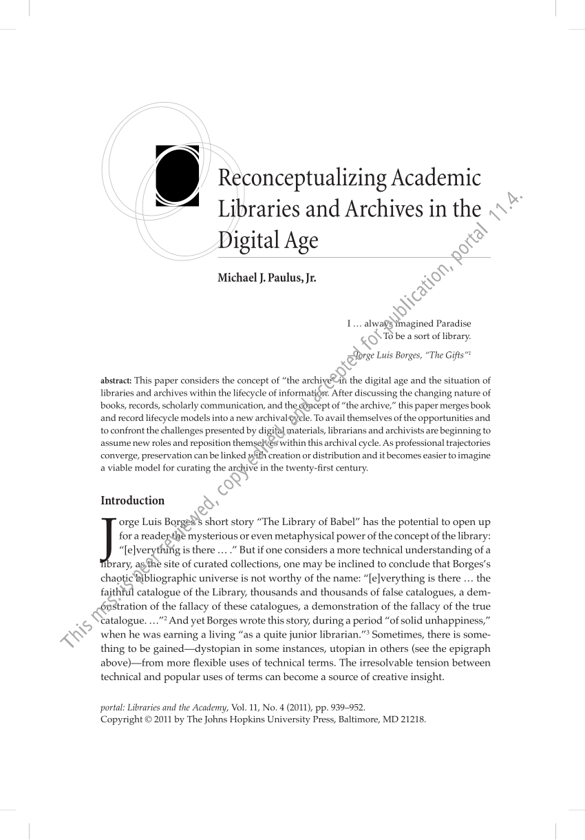 PDF) Reconceptualizing Academic Libraries and Archives in the