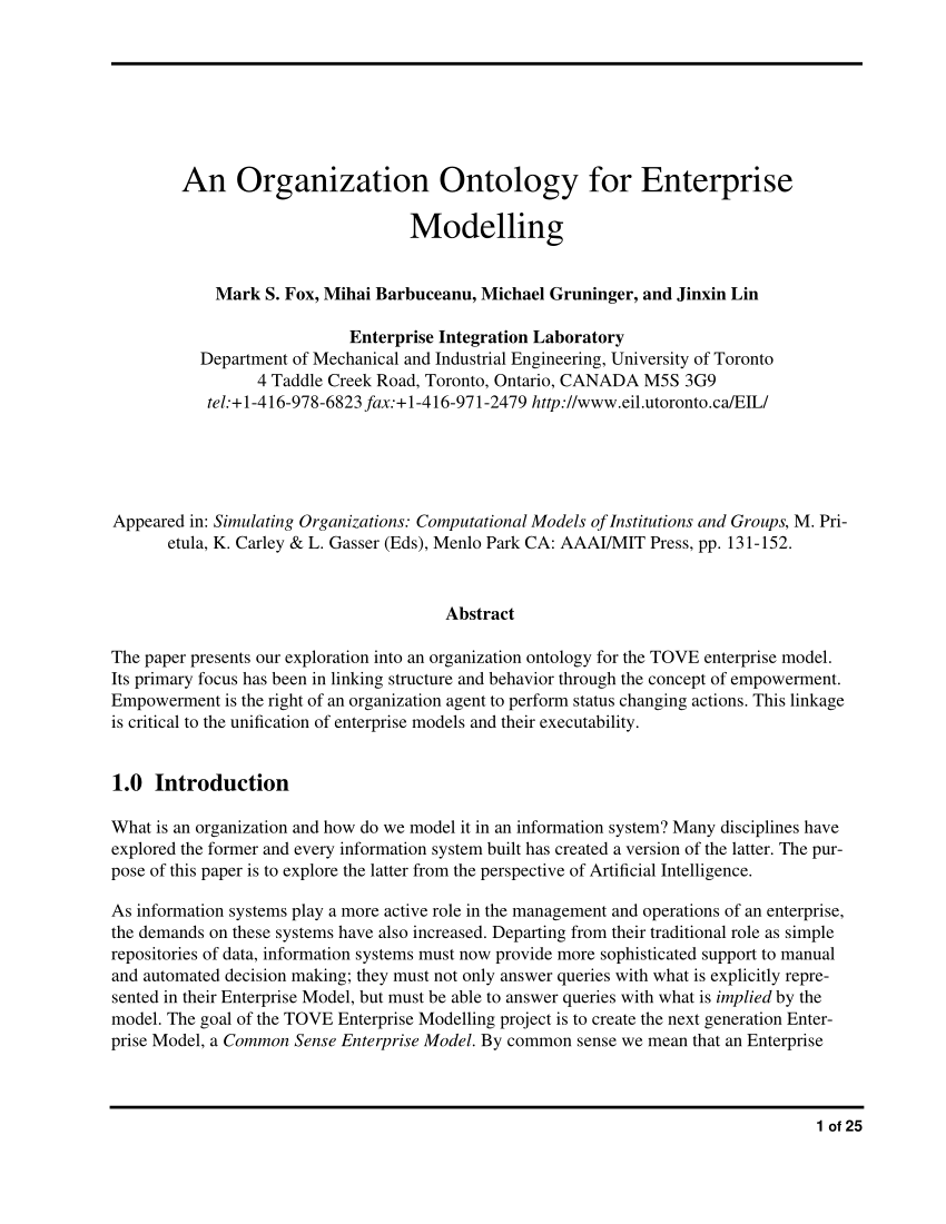 Pdf An Organization Ontology For Enterprise Modelling - 