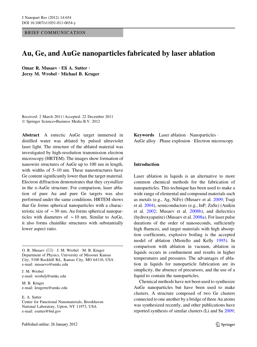 Pdf Au Ge And Auge Nanoparticles Fabricated By Laser Ablation