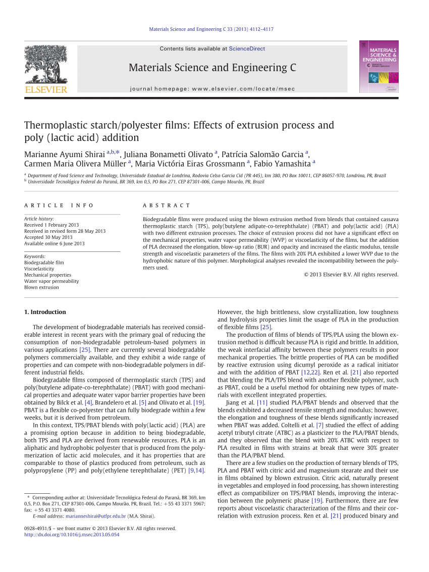 Pdf Thermoplastic Starch Polyester Films Effects Of Extrusion