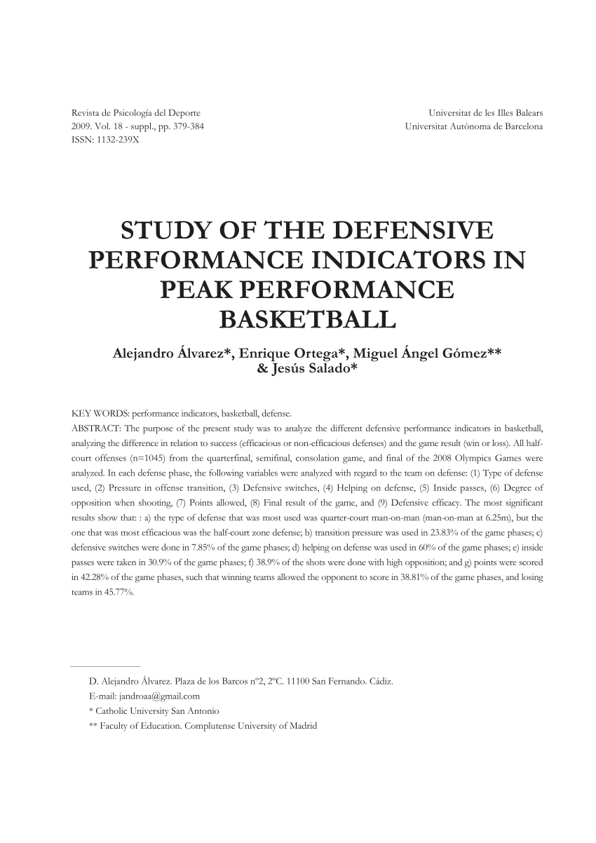 Pdf Study Of The Defensive Performance Indicators In Peak Performance Basketball
