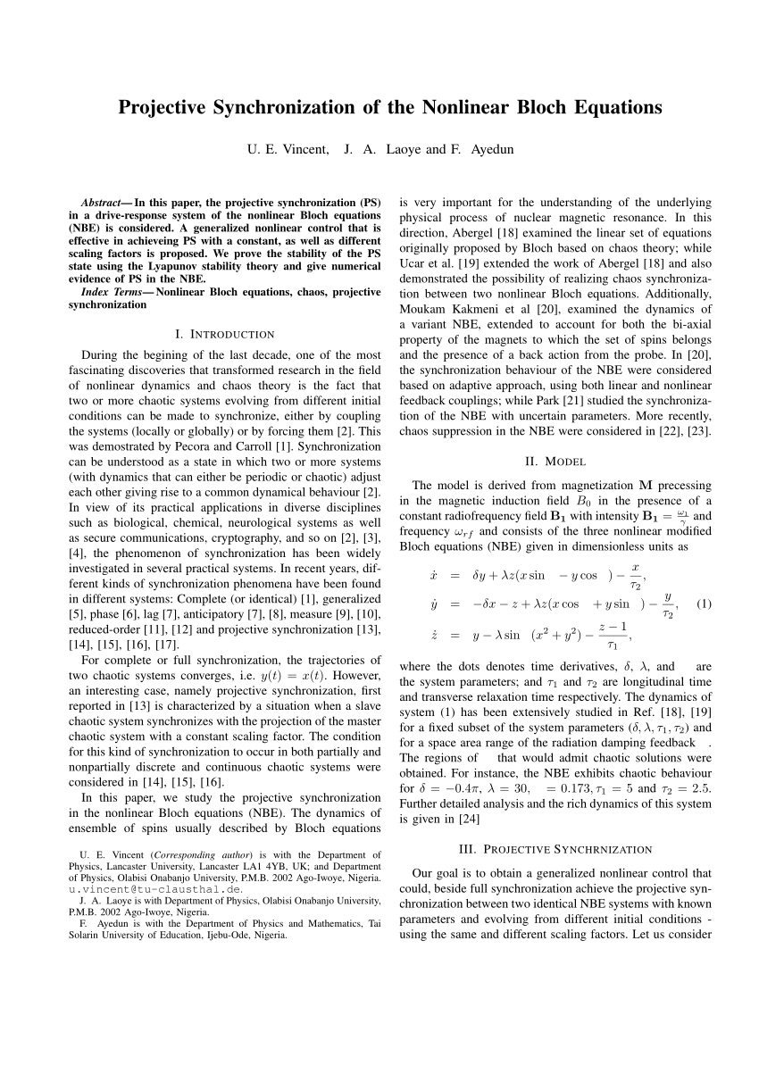Pdf Projective Synchronization Of The Nonlinear Bloch Equations