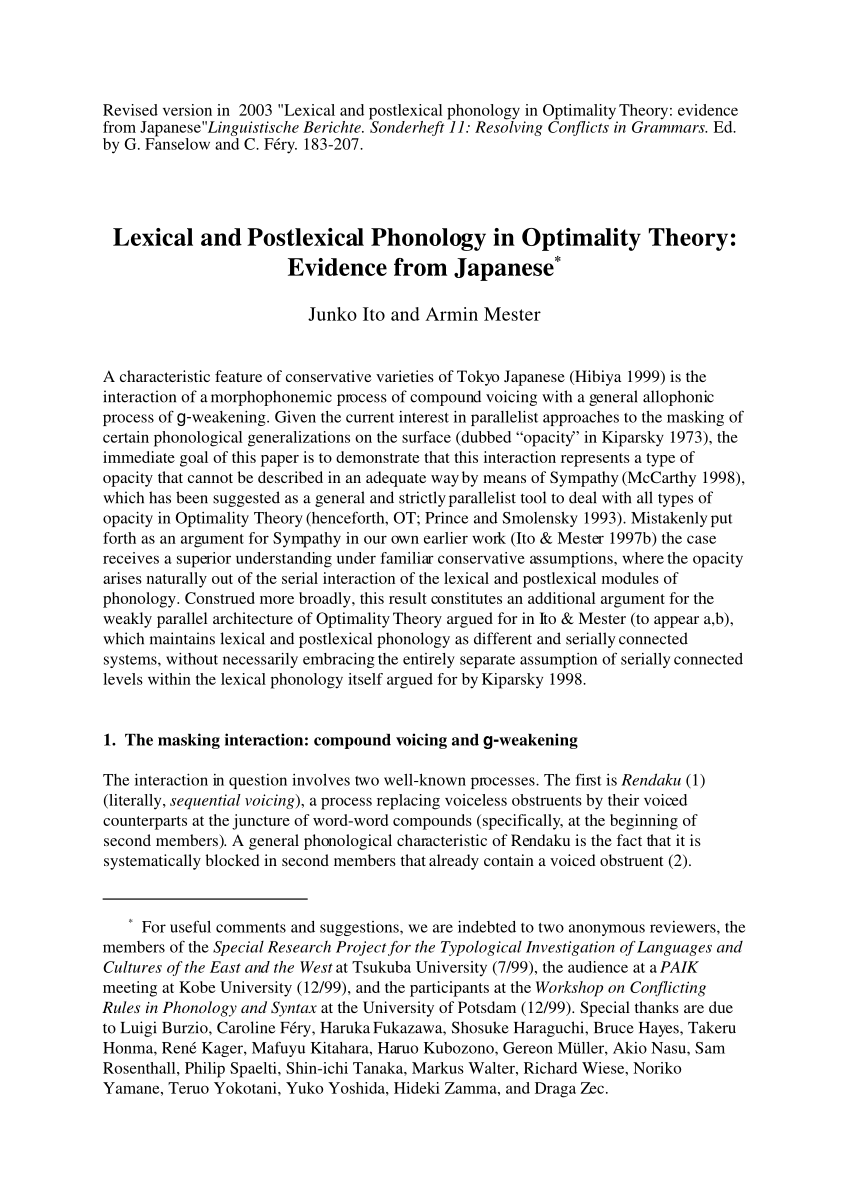 Pdf Lexical And Postlexical Phonology In Optimality Theory Evidence From Japanese