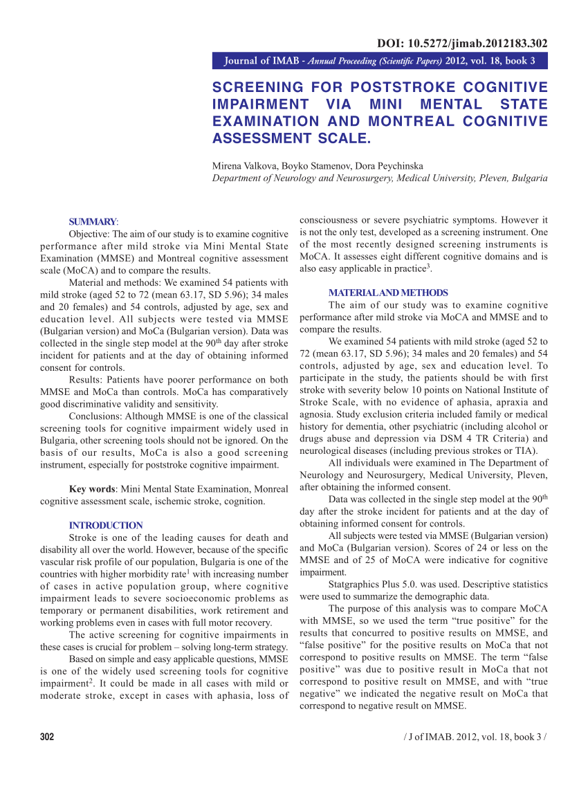 PDF) SCREENING FOR POSTSTROKE COGNITIVE IMPAIRMENT VIA MINI MENTAL STATE  EXAMINATION AND MONTREAL COGNITIVE ASSESSMENT SCALE