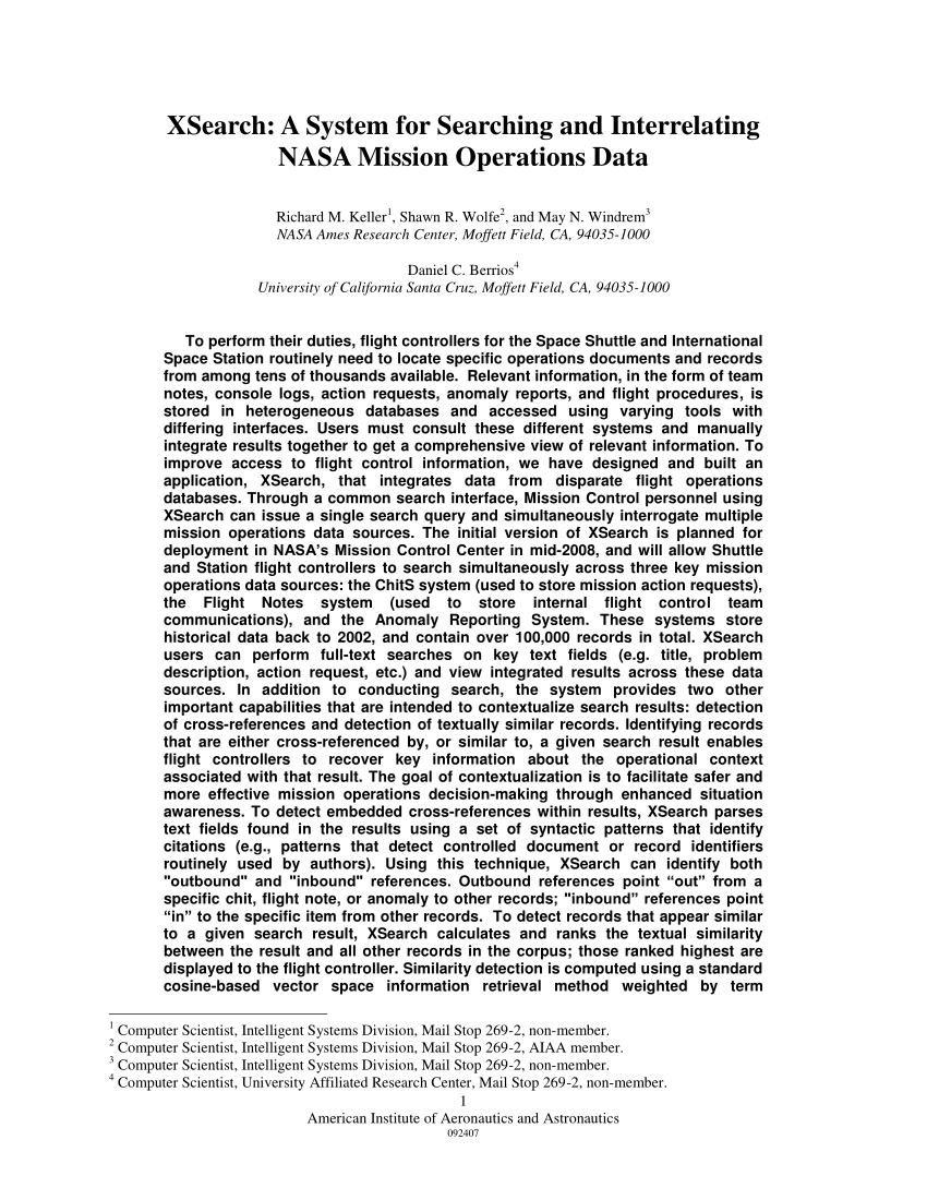 (PDF) XSearch A System for Searching and Interrelating NASA Mission