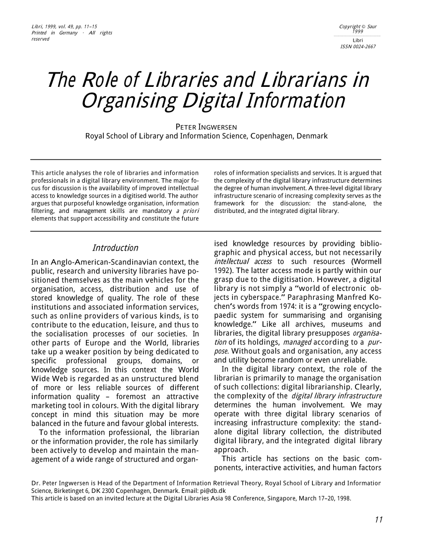 Pdf) The Role Of Libraries And Librarians In Organising Digital Information