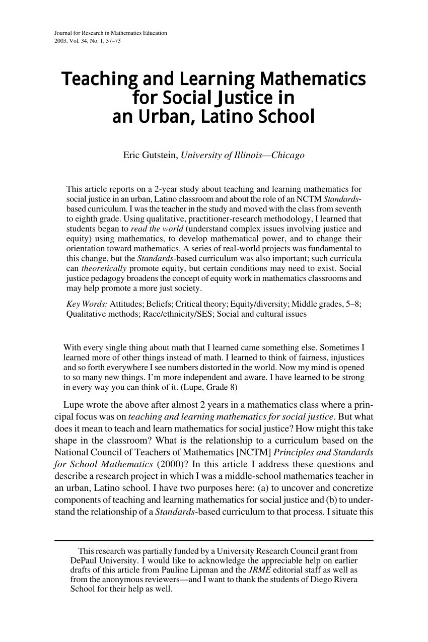 Pdf Teaching And Learning Mathematics For Social Justice In An Urban Latino School