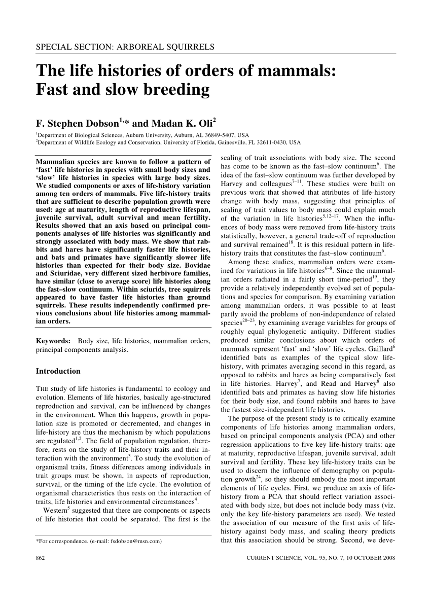 (PDF) The life histories of orders of mammals: Fast and slow breeding