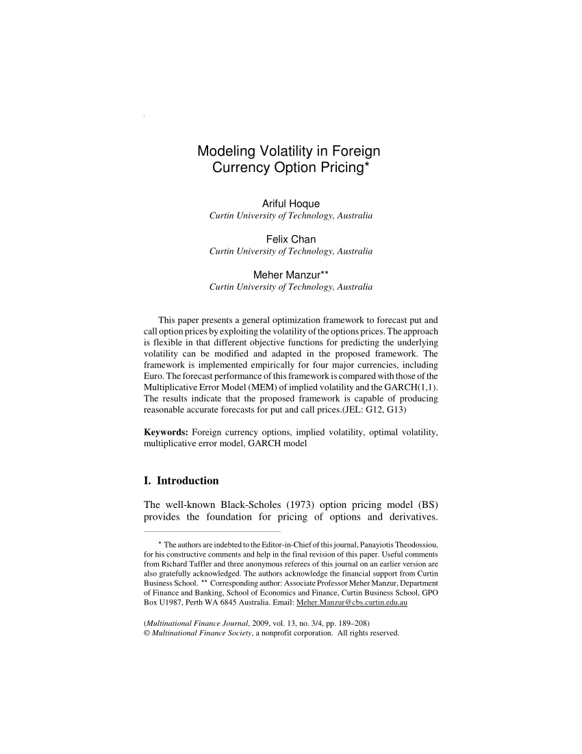 Pdf Modeling Volatility In Foreign Currency Option Pricing - 