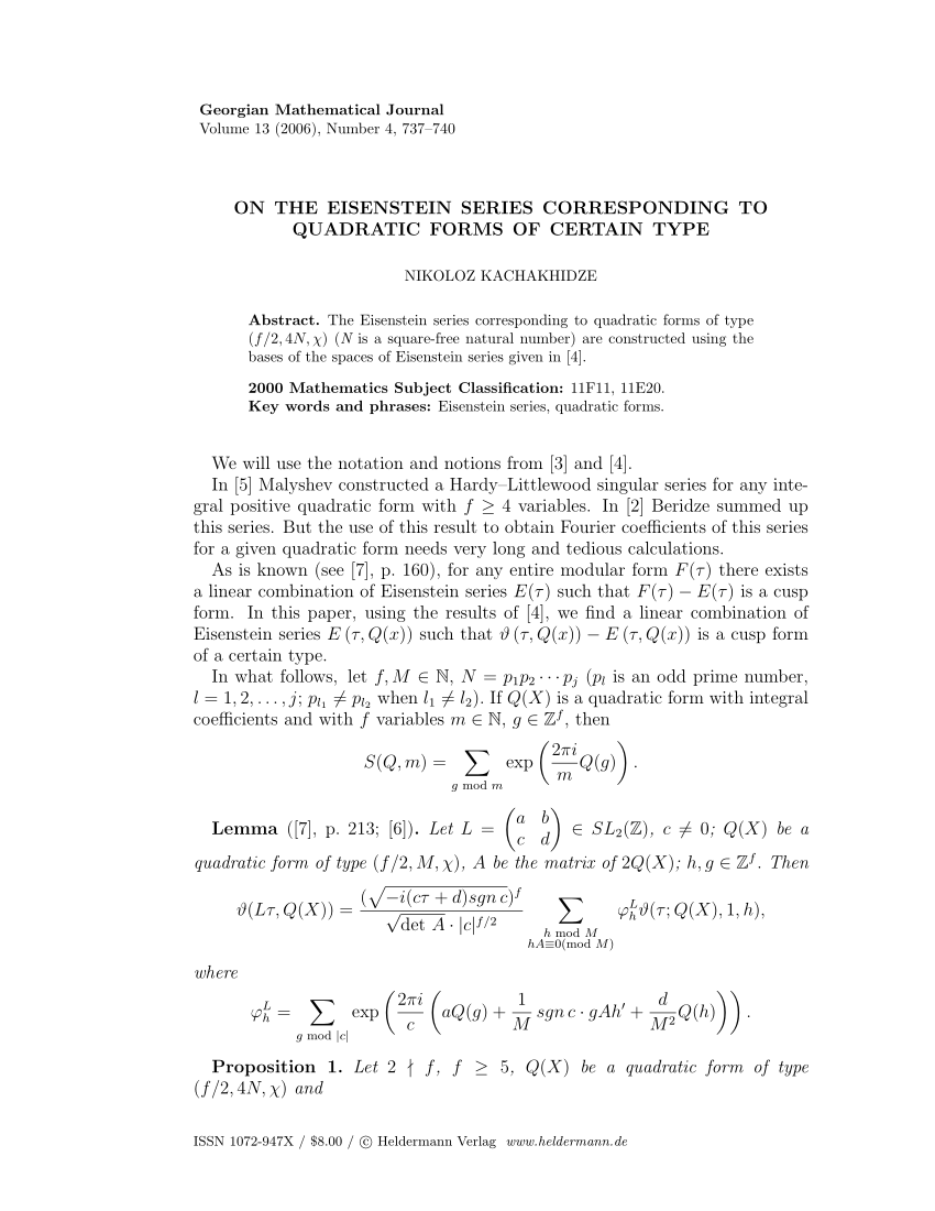 Pdf On The Eisenstein Series Corresponding To Quadratic Forms Of Certain Type
