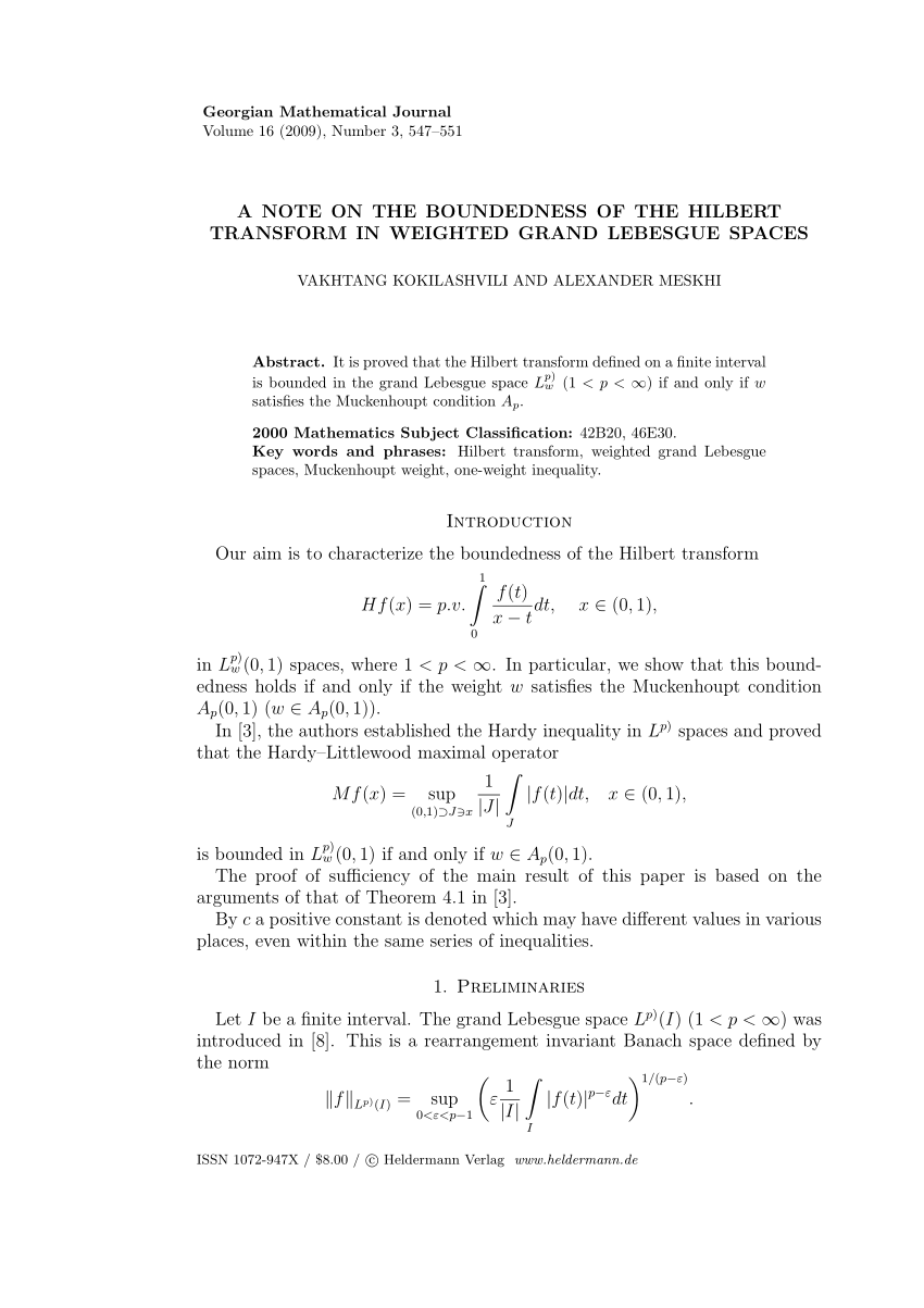 Pdf A Note On The Boundedness Of The Hilberttransform In Weighted Grand Lebesgue Spaces