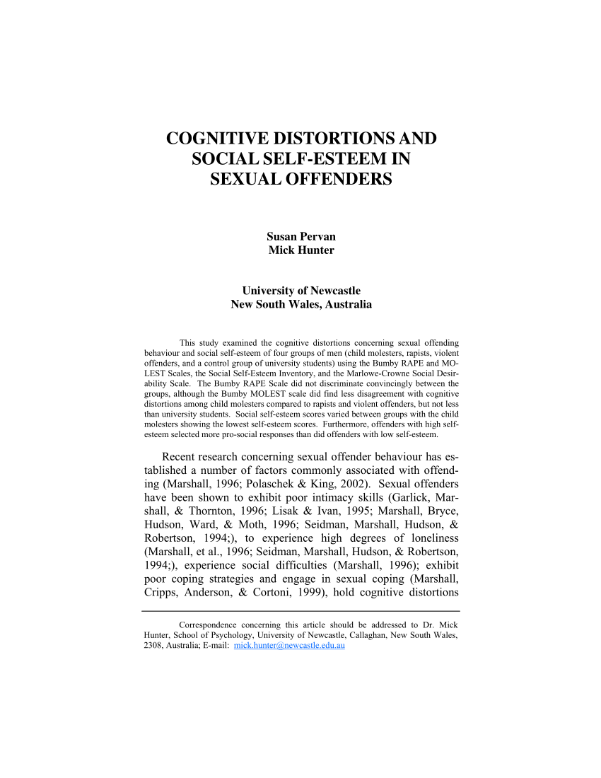 Pdf Cognitive Distortions And Social Self Esteem In Sexual Offenders 