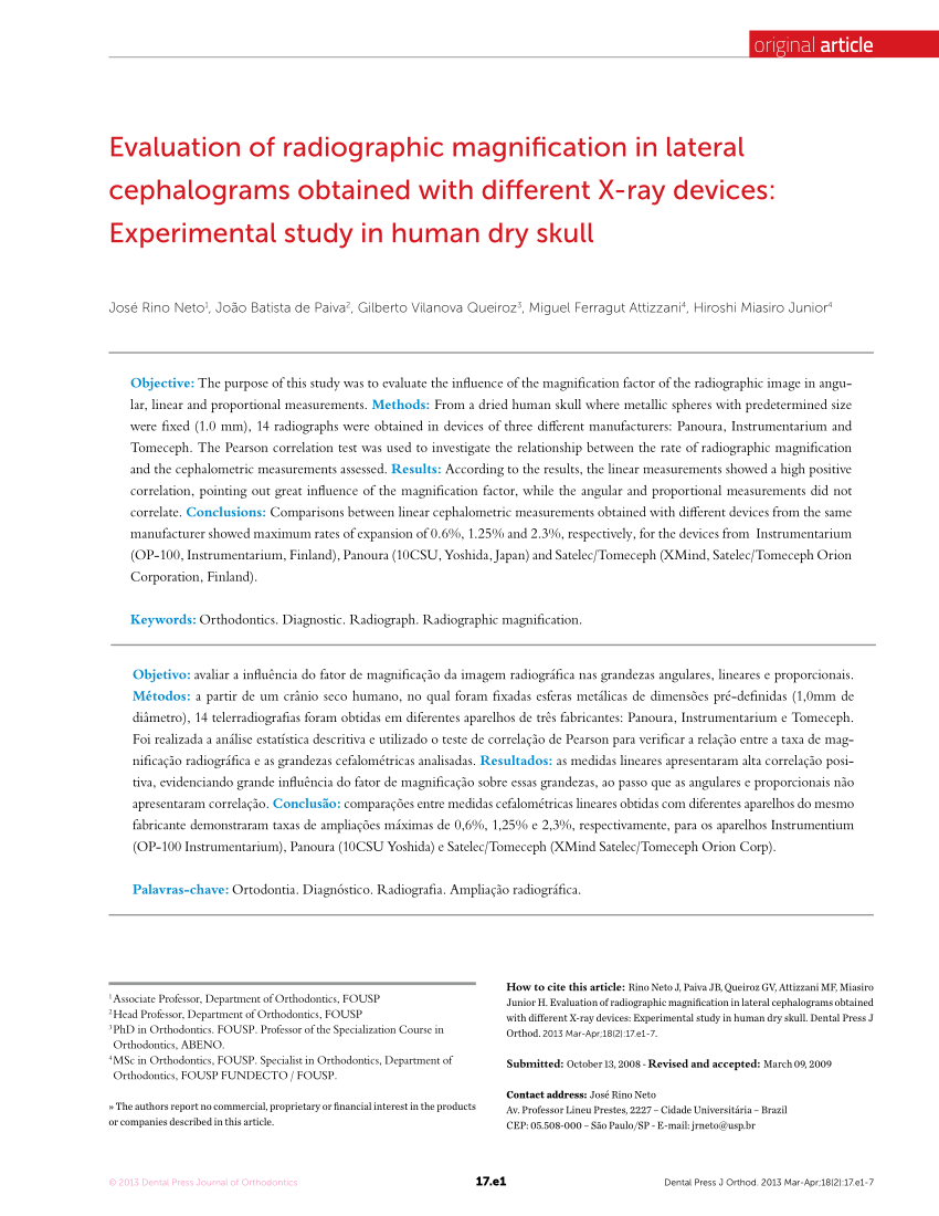 Pdf Evaluation Of Radiographic Magnification In Lateral Cephalograms Obtained With Different X Ray Devices Experimental Study In Human Dry Skull