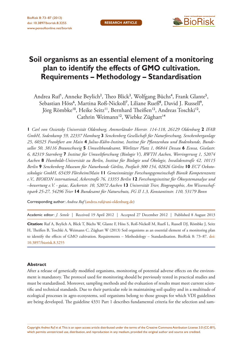Pdf Soil Organisms As An Essential Element Of A Monitoring Plan To Identify The Effects Of Gmo Cultivation Requirements Methodology Standardisation