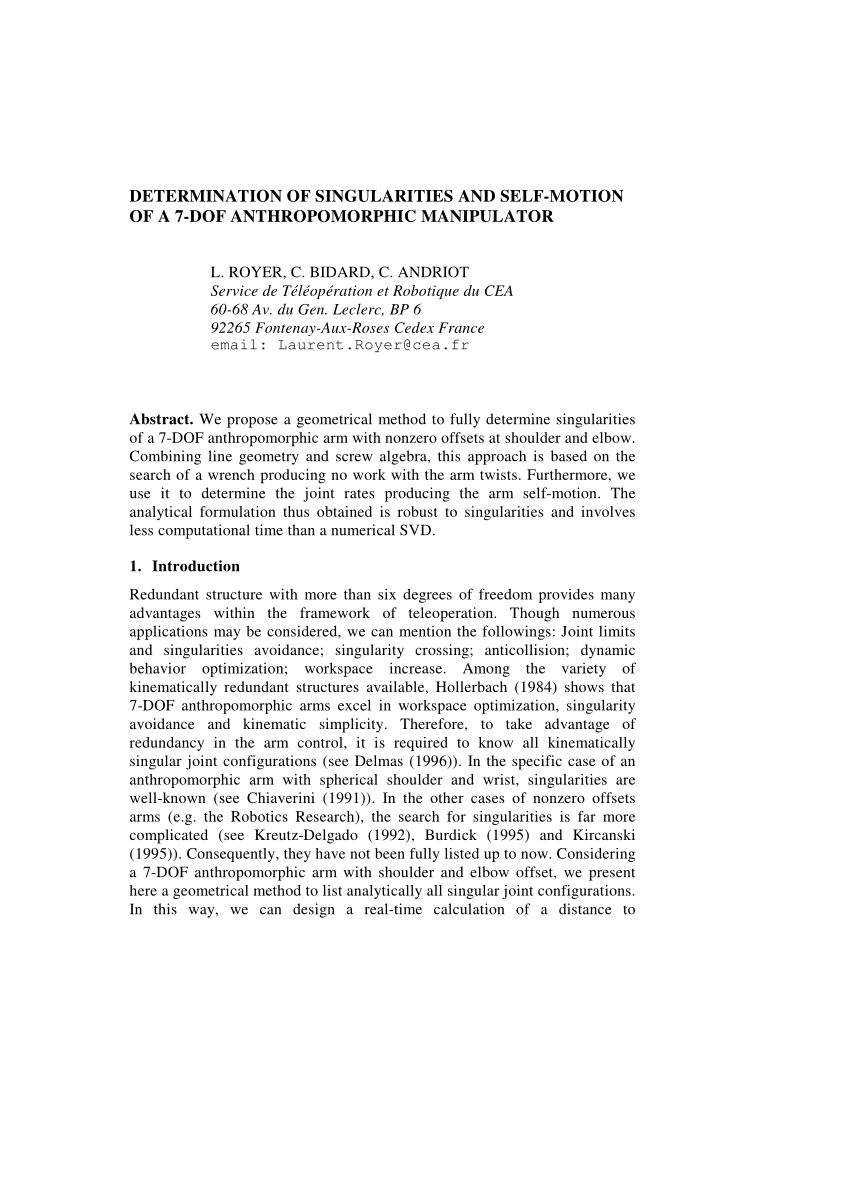 (PDF) Determination of Singularities and Self-Motion of a 7-dof ...