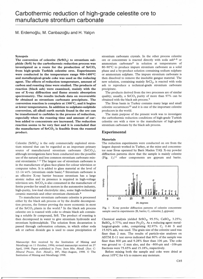 Pdf Carbothermic Reduction Of High Grade Celestite Ore To Manufacture Strontium Carbonate